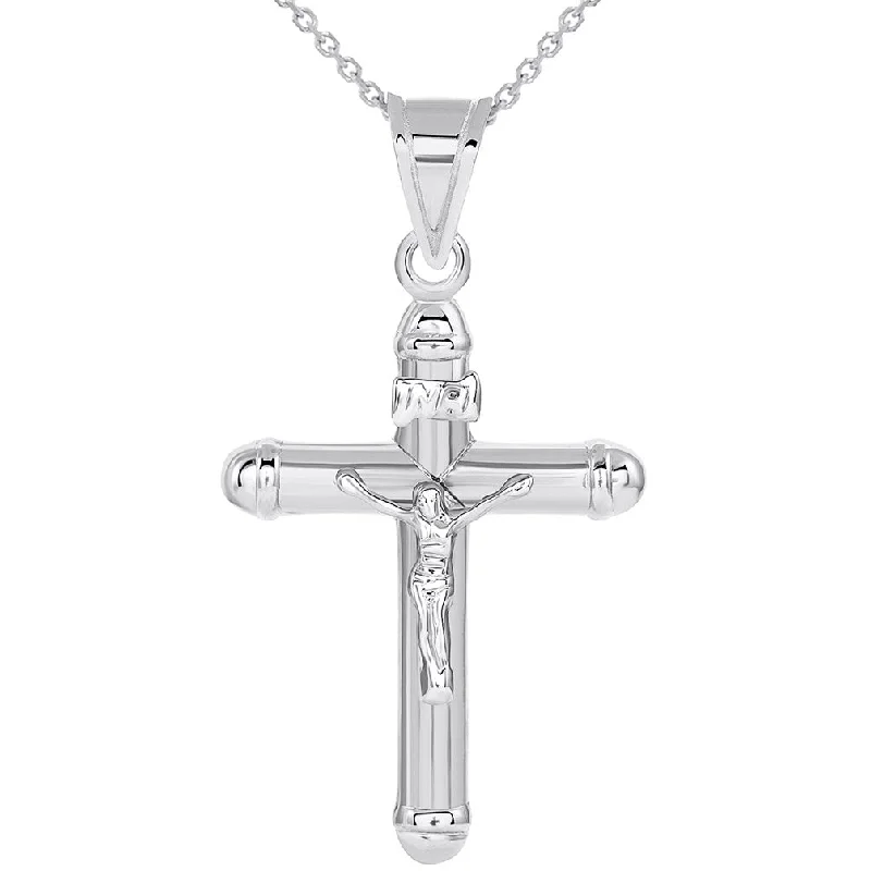 women gemstone necklaces -14k White Gold Flat Tubuar INRI Crucifix Cross Pendant Necklace