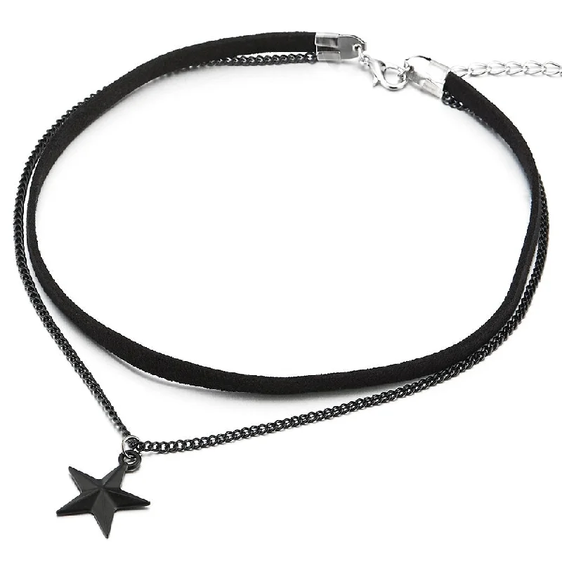 women diamond pendant necklaces -Ladies Womens Two-Rows Choker Necklace with Chain and Pentagram Star Charm Pendant