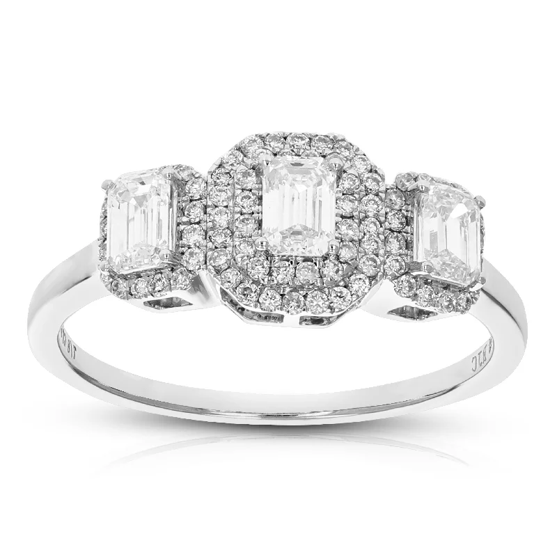 women rose gold solitaire engagement rings -7/8 cttw Emerald Cut Lab Grown Diamond Engagement Ring 75 Stones 14K White Gold Prong Set 2/3 Inch