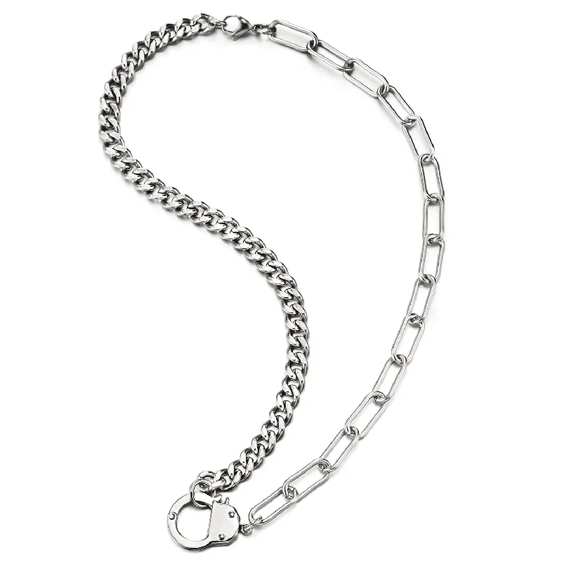 women bridal necklaces -Mens Womens Steel Handcuff Necklace Link Chain Curb Chain Silver Color, 18 inches , Punk Rock