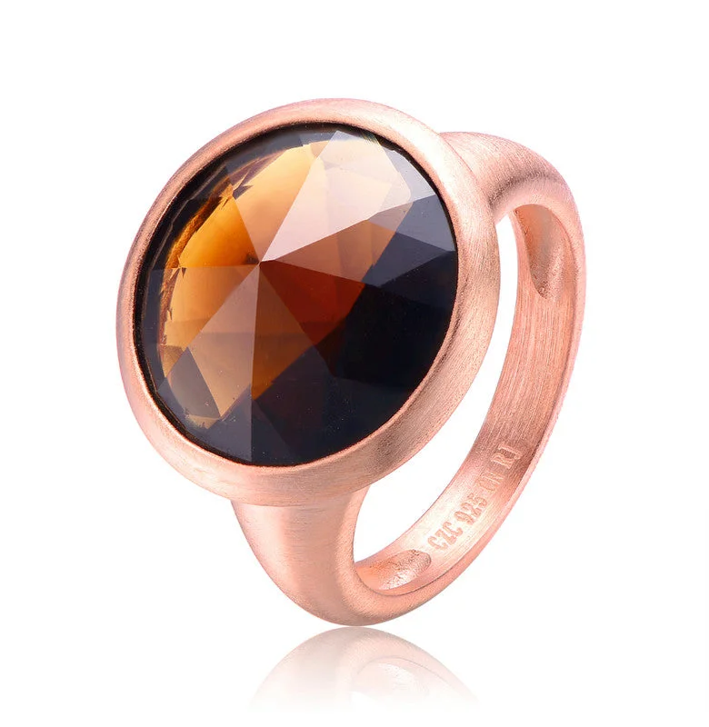 women platinum solitaire engagement rings -GENEVIVE Sterling Silver Rose Gold Plated Brown Cubic Zirconia Coctail Ring