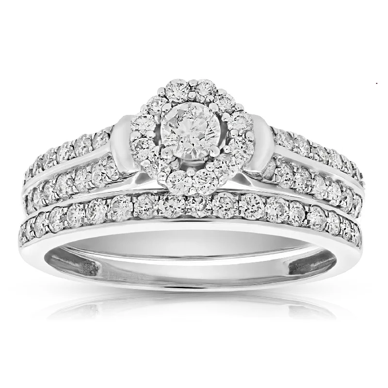 women art deco engagement rings -1 cttw Diamond Halo Cluster Wedding Engagement Ring Set 14K White Gold Bridal