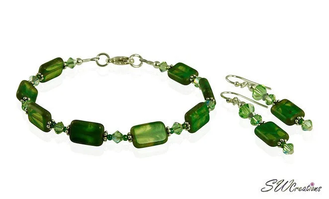 women thin bangles -Olive Green Czech Window Bracelet Set