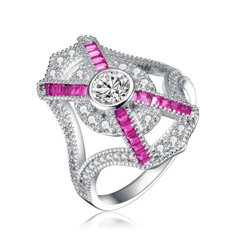 women oval engagement rings -GENEVIVE Sterling Silver Ruby Cubic Zirconia Geometrical Coctail Ring