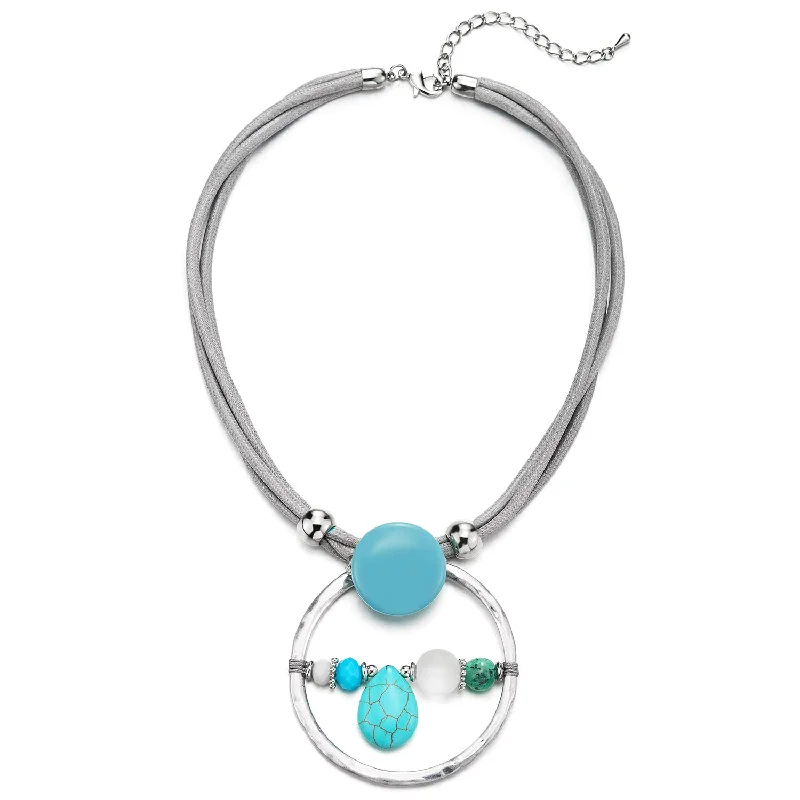 women pendant necklaces -Beautiful Turquoise Gem Stone Chain Circle Charm Cotton Rope Chocker Collar Necklace Light Grey Blue