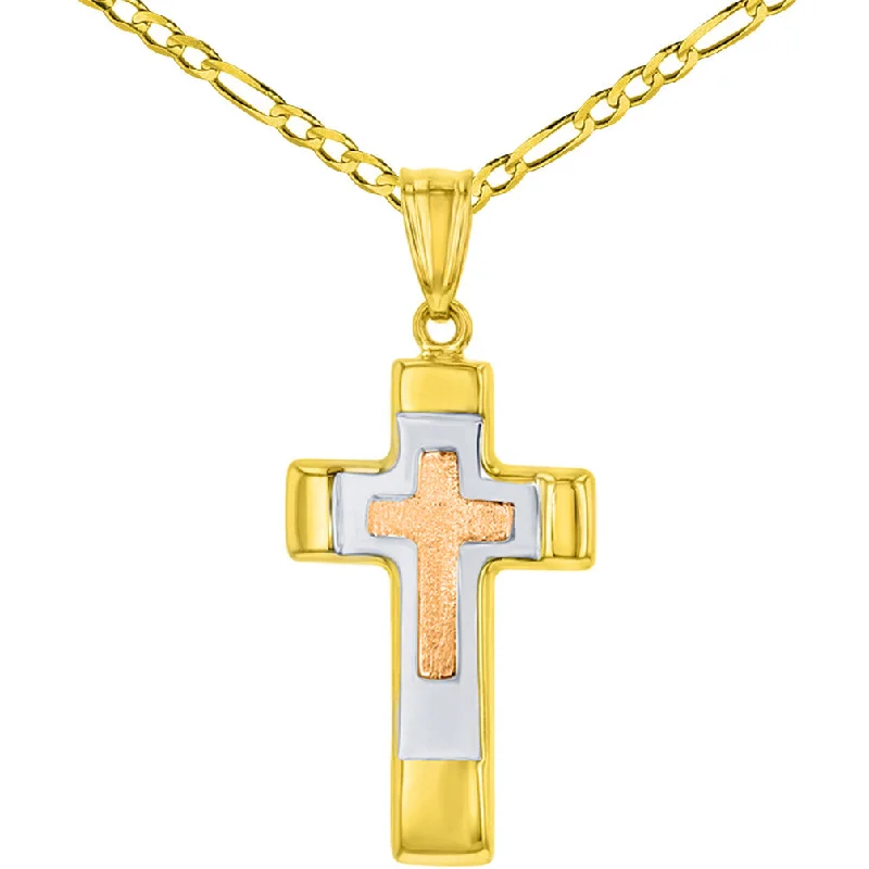 women long pendant necklaces -14K Rose & Yellow Gold Tricolor Religious Cross Charm Pendant with Figaro Chain Necklace