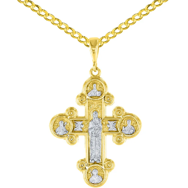 women vintage charm necklaces -14K Yellow Gold Mother of God Virgin Mary with Jesus & Saints Cross Pendant Cuban Chain Necklace