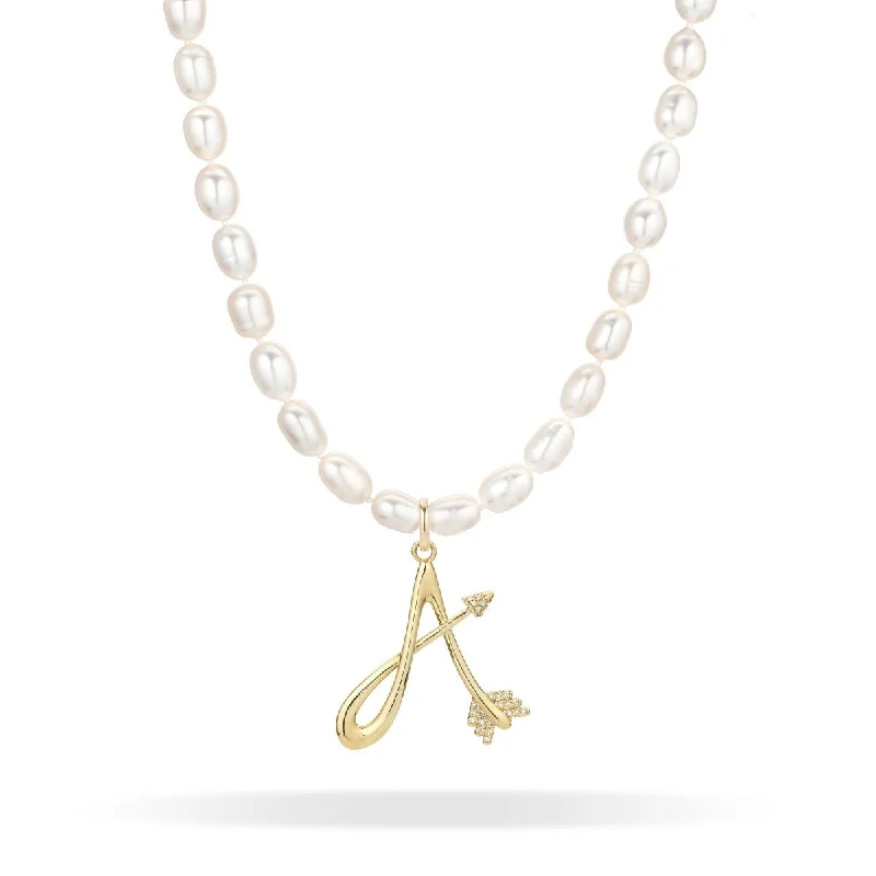 women bridal necklaces -XL Seed Pearl Diamond Arrow Initial Necklace