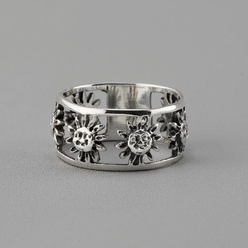 women eternity bands -Mexican Silver Sun Face Band Ring