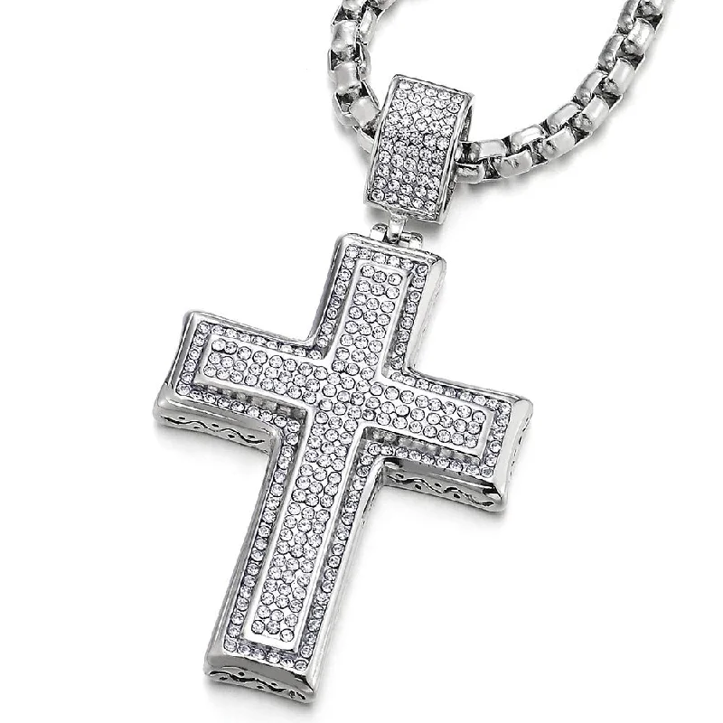 women adjustable necklaces -Mens Womens Large Steel Two-Layers Cross Pendant Necklace with Cubic Zirconia, 30 inches Wheat Chain