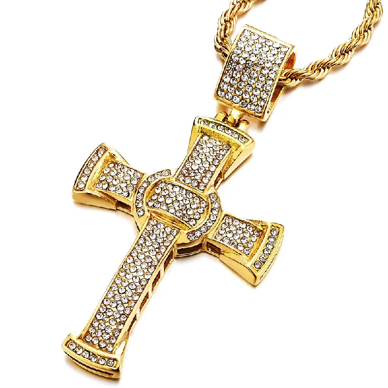 women casual necklaces -Mens Women Large Steel Cross Pendant Necklace with Cubic Zirconia and Rope Chain