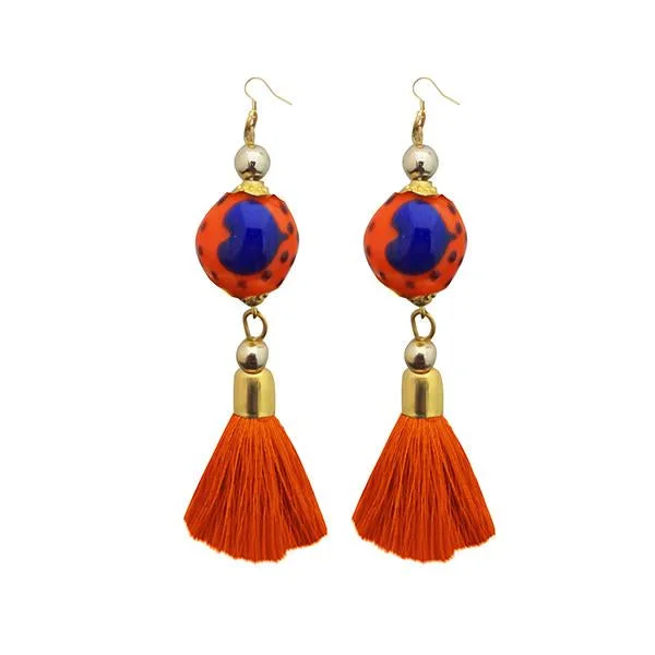 women cubic zirconia earrings -Tip Top Fashions Orange Thread Gold Plated Tassel Earrings - 1313310F