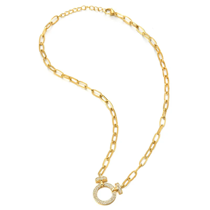 women moon necklaces -Gold Color Link Chain Choker Collar Statement Necklace with Dangling Rhinestones Pave Open Circle