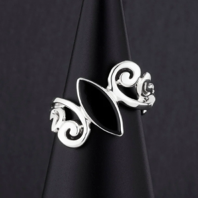 women wide wedding rings -Sterling Silver Black Onyx Scroll Ring