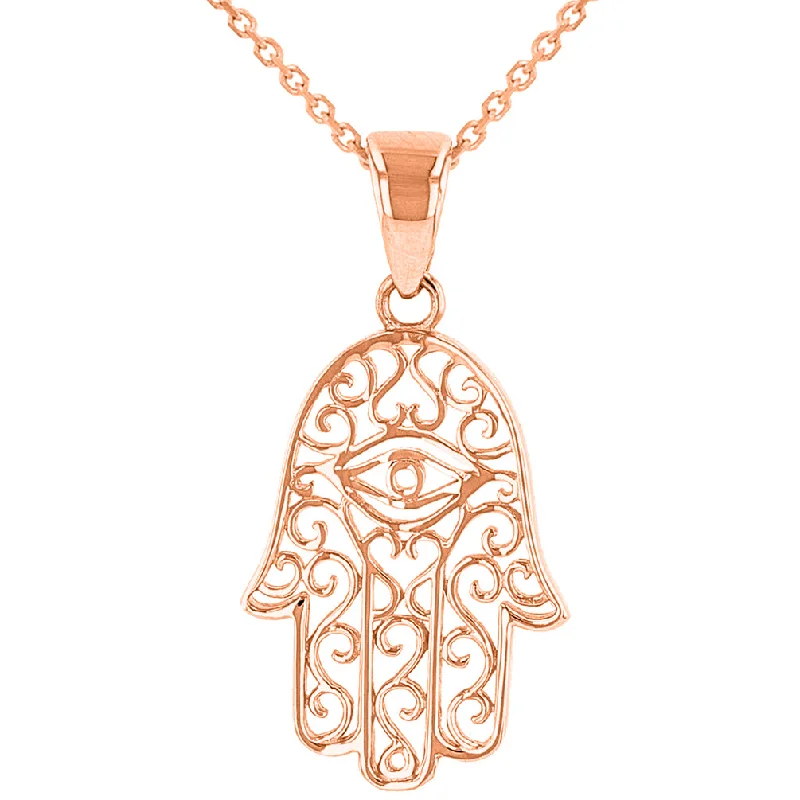 women sapphire necklaces -Solid 14K Rose Gold Filigree Hamsa Hand of Fatima with Evil Eye Pendant Necklace