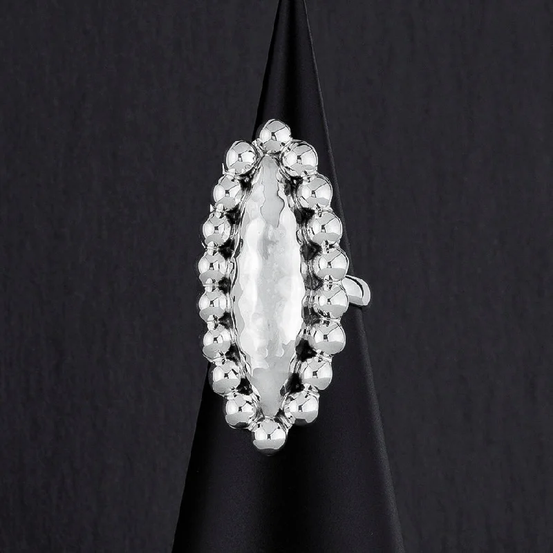 women two-tone rings -Elongated Sterling Silver Beaded Ring