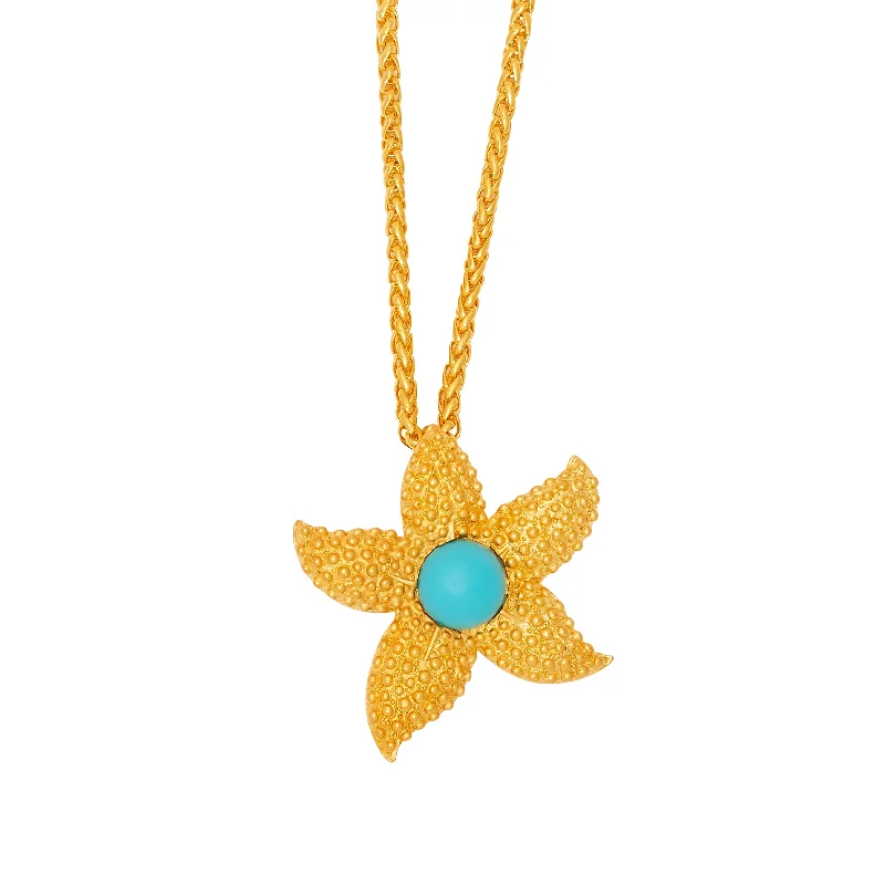 women elegant necklaces -Turquoise Center Starfish Pendant Chain Necklace