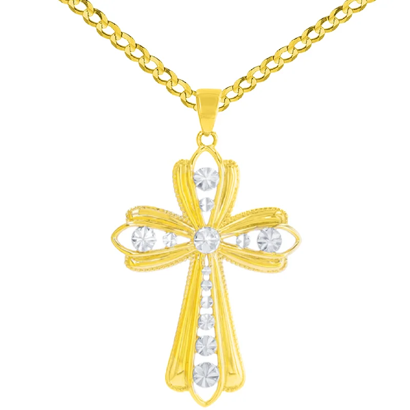 women trendy gold necklaces -14K Yellow Gold Polished Textured Milgrain Edged Cross Pendant Cuban Chain Necklace