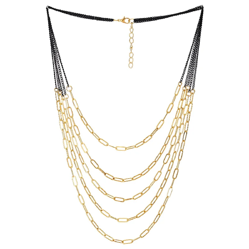 women gold necklaces -Black Gold Statement Necklace Waterfall Multi-Strand Chains with Oval Rolo Chain Charm Pendant Dress