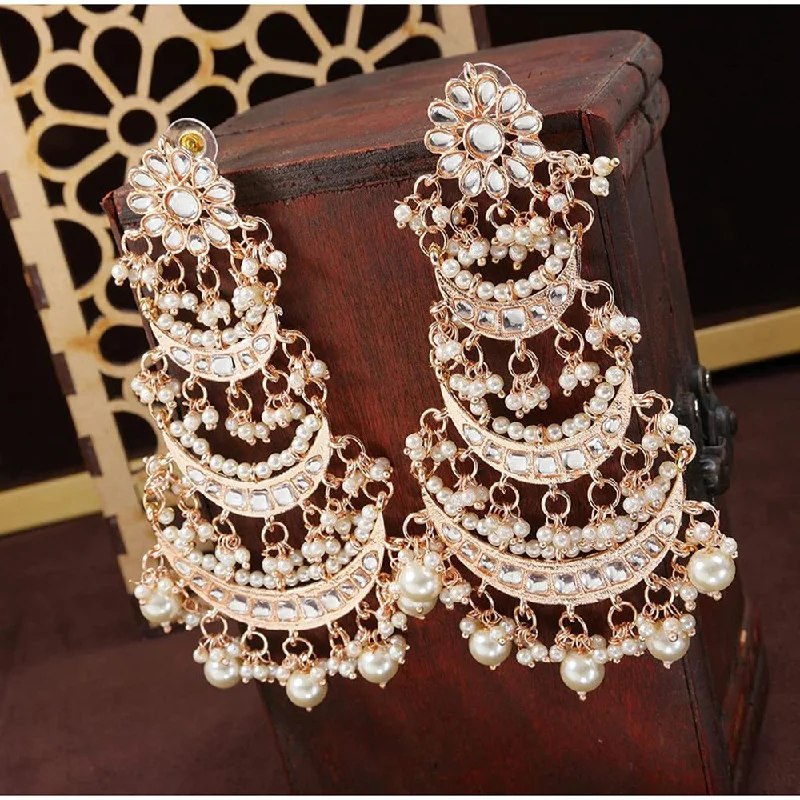 women gem earrings -Etnico 18k Rose Gold Plated 3 Layered Beaded Chandbali Earrings with Kundan and Pearl Work for Women (E2859RG)