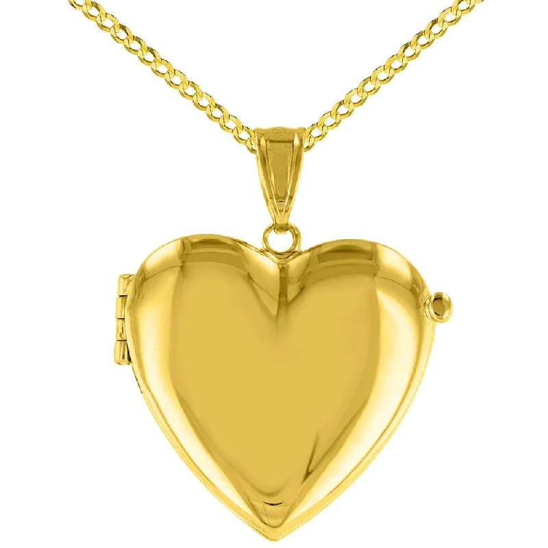 women chic necklaces -Solid 14K Yellow Gold Heart Shaped Locket Charm Pendant with Cuban Chain Necklace