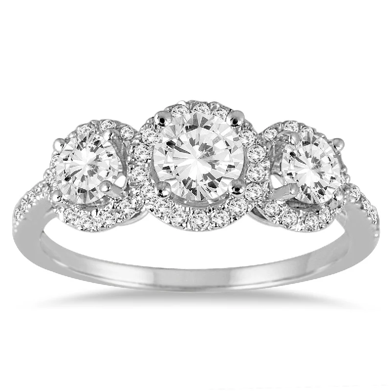 women diamond-accent engagement rings -1 1/3 Carat Tw Diamond Three Stone Halo Ring In 14K White Gold