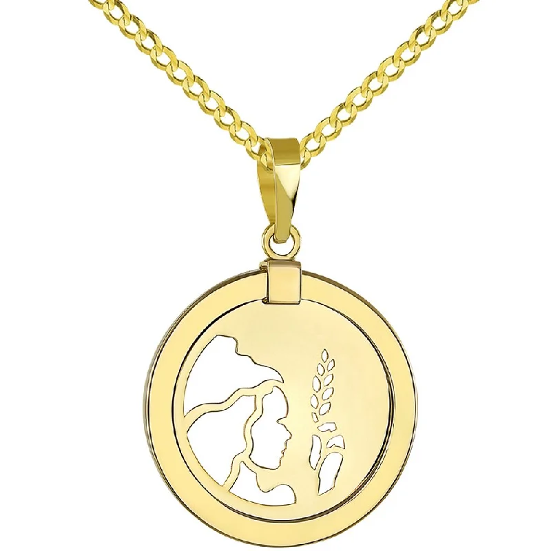 women birthstone necklaces -14K Yellow Gold Reversible Round Virgo Zodiac Sign Pendant with Cuban Chain Necklace