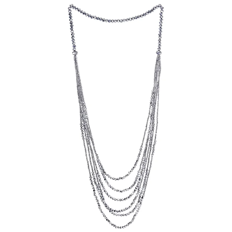 women twisted chain necklaces -Silver Long Statement Necklace Multi-Strand Waterfall Chains with Crystal Beads Charms Pendant