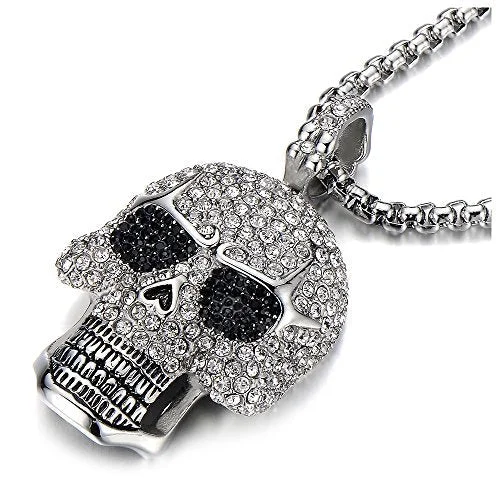 women heart necklaces -Steel Large Sugar Skull Pendant Necklace for Men Women with Cubic Zirconia and Wheat Chain