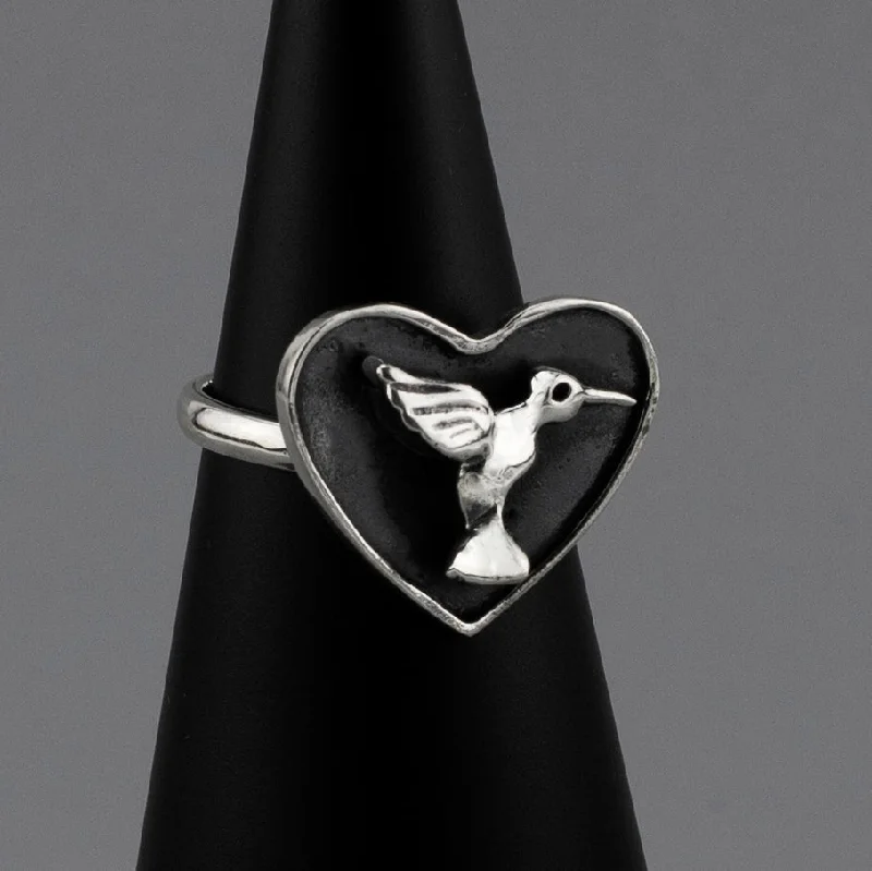 women vintage wedding bands -Handmade Silver Hummingbird Heart Ring