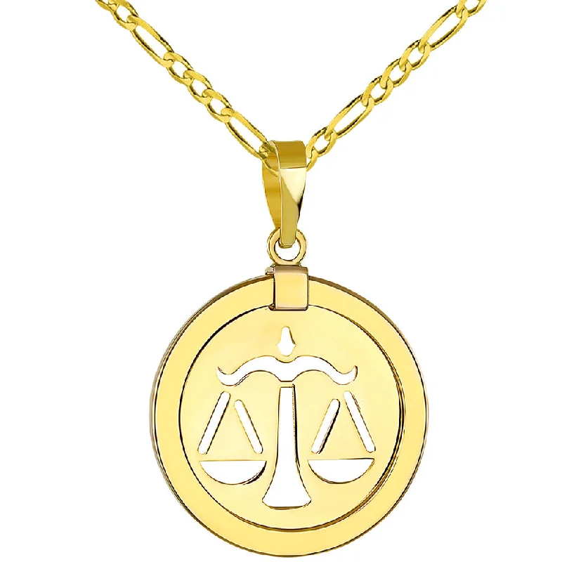 women pearl pendant necklaces -14K Yellow Gold Reversible Round Libra Scale Zodiac Sign Pendant with Figaro Chain Necklace