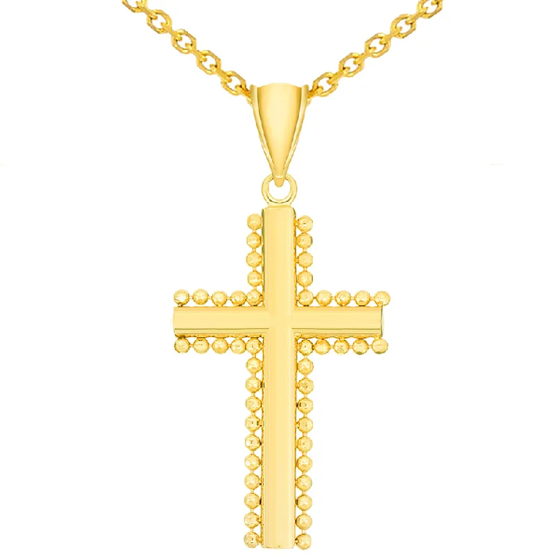 women boho necklaces -Solid 14k Yellow Gold Beaded Edged Plain Religious Cross Pendant Necklace with Cable Chain Necklace