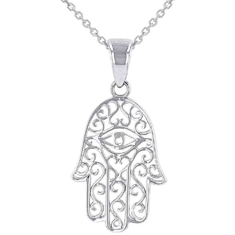 women emerald necklaces -Solid 14K White Gold Filigree Hamsa Hand of Fatima with Evil Eye Pendant Necklace