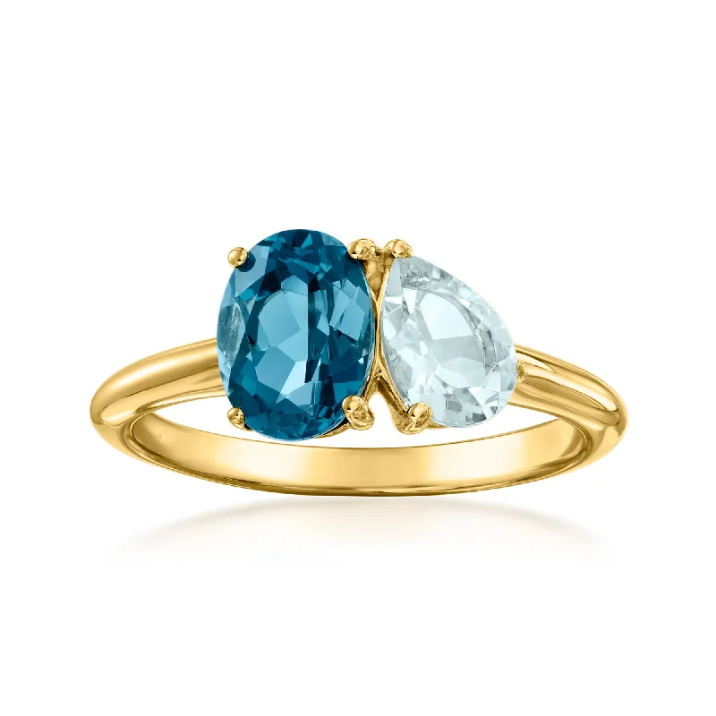 women solitaire engagement rings -Ross-Simons London Blue Topaz and . Aquamarine Toi Et Moi Ring in 18kt Gold Over Sterling