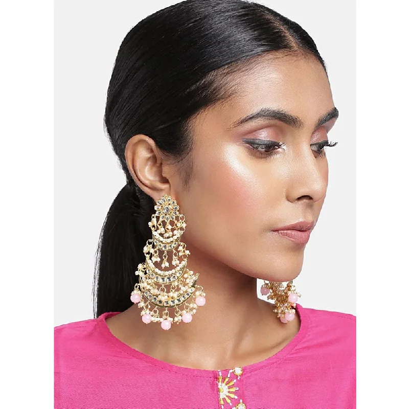 women chandelier earrings -Etnico 18k Gold Plated 3 Layered Beaded Chandbali Earrings with Kundan and Pearl Work for Women (E2859-1) (Pink)