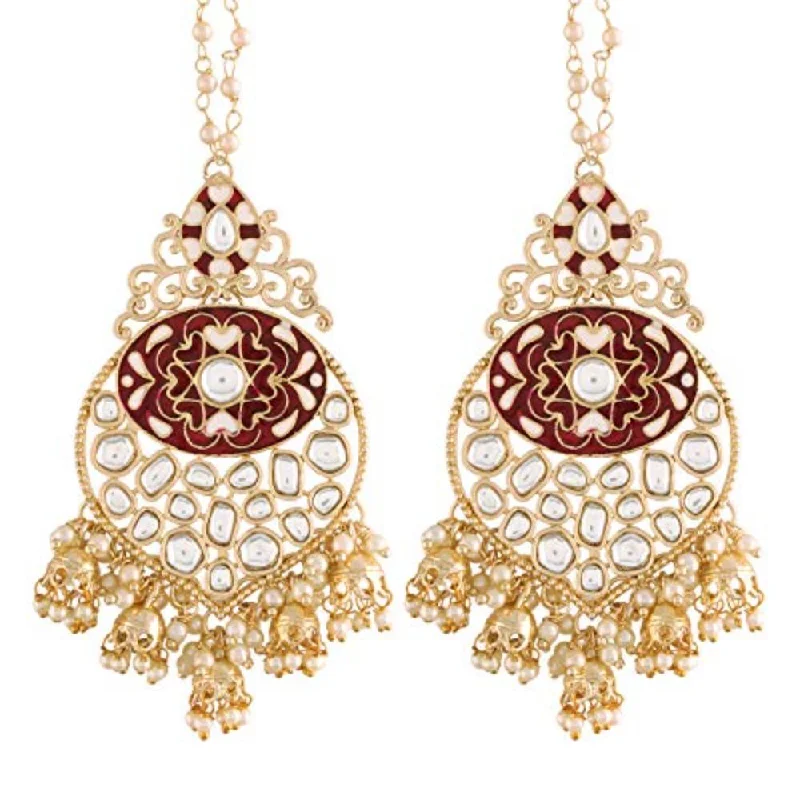 women hoop and stud earrings -Etnico 18K Gold Plated Intricately Designed Traditional Earrings with Detachable Hair Chain Encased With Kundans & Pearls (E2901M)