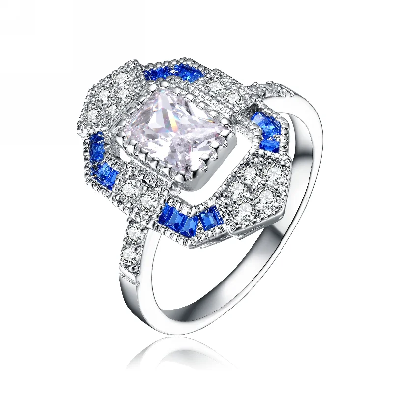 women engagement rings -GENEVIVE Sterling Silver Sapphire Cubic Zirconia Coctail Ring