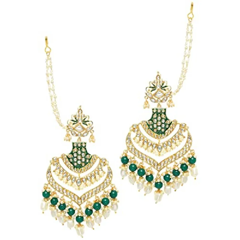 women silver earrings -Etnico Women's 18K Gold Plated Intricately Designed Traditional Long Earrings Green Enamel Glided with Kundans & Pearls (E2903G)