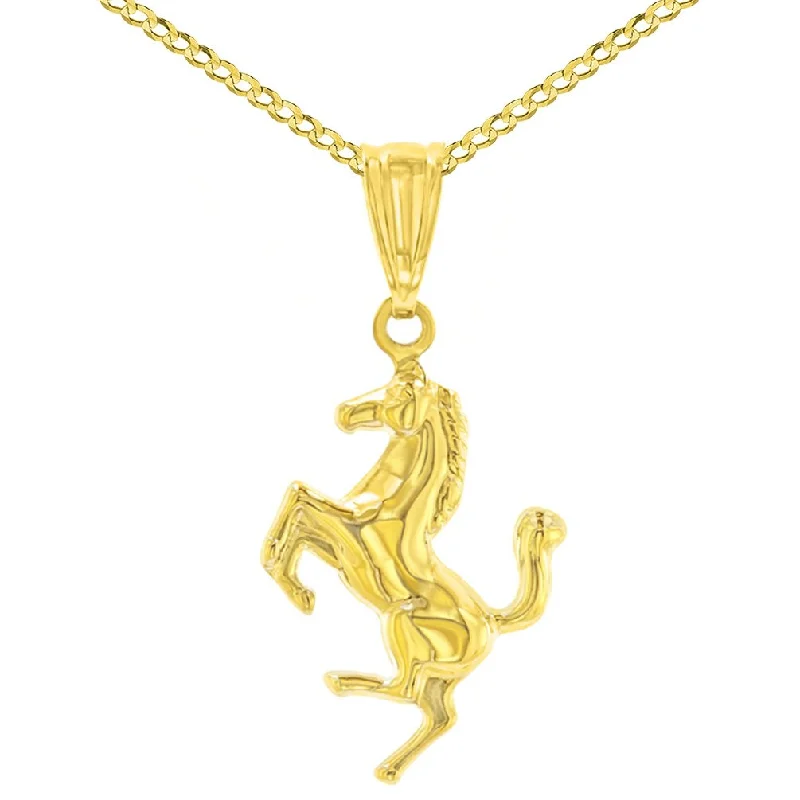 women bridal gold necklaces -High Polished 14K Yellow Gold Stallion Horse Charm Animal Pendant with Cuban Chain Necklace