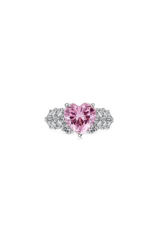 women affordable engagement rings -Sterling Silver Pink Heart Zircon Luxury Half Setting Ring