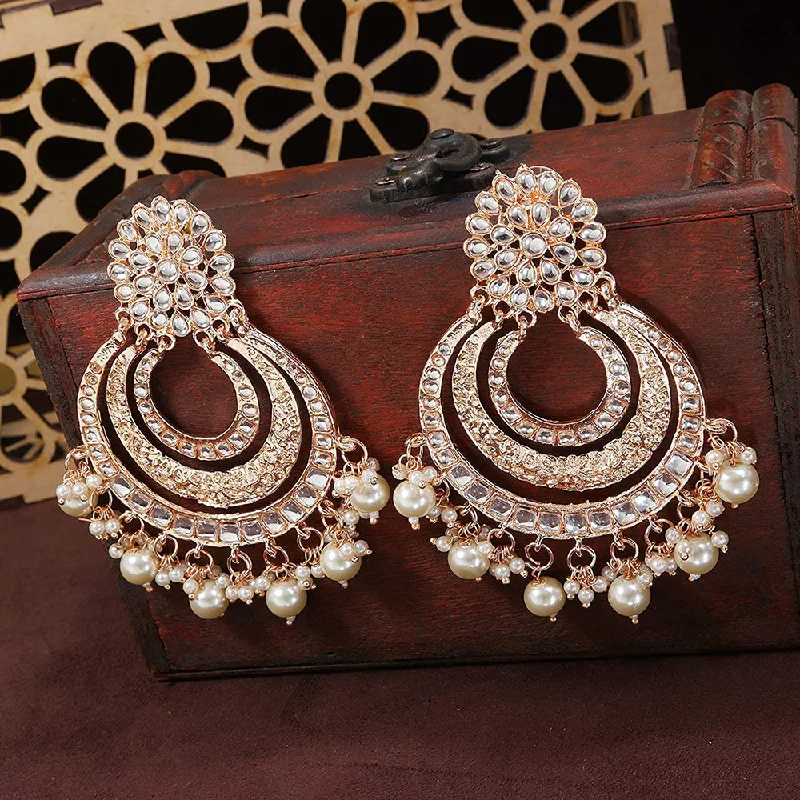 women chic hoop earrings -Etnico 18k Rose Gold Plated Big Chandbali Earrings Glided With Kundan & Pearl for Women (E2860RG)