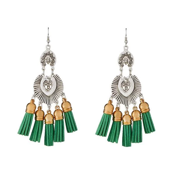 women heart earrings -Tip Top Fashions 2 Tone Plated Green Thread Earrings - 1312302C