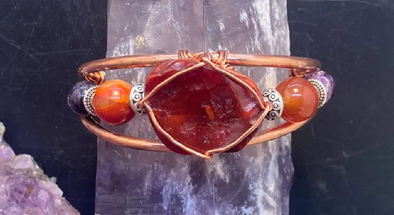 women thin bangles -Carnelian Rough Cut w/Amethyst Copper Bracelet Wire wrapped Handmade