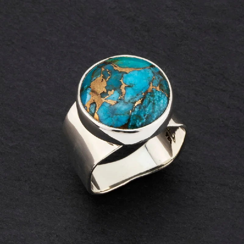 women designer rings -Copper Turquoise Sterling Silver Wide Band Ring