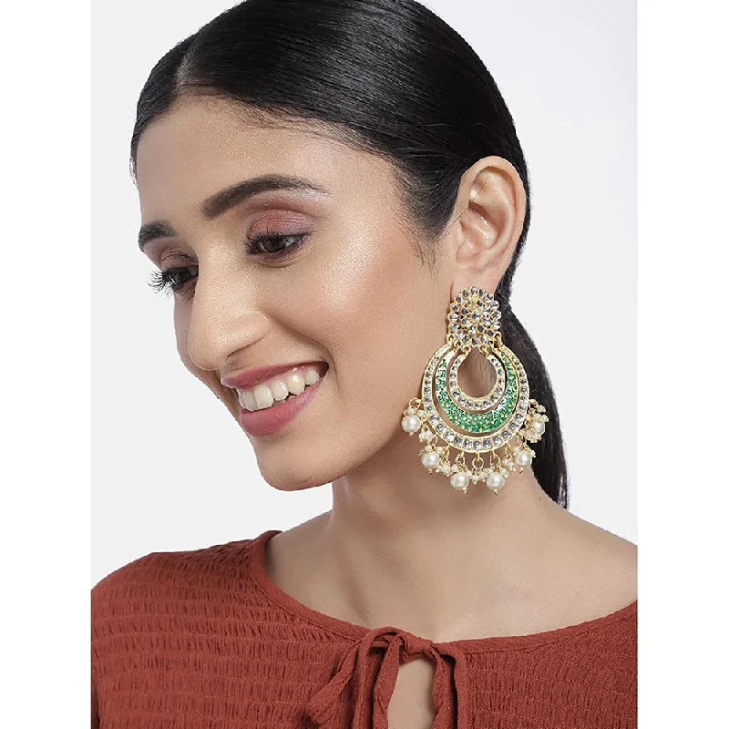 women gold statement earrings -Etnico 18k Gold Plated Enamel/Meenakari Big Chandbali Earrings Glided With Kundan & Pearl for Women (E2860G)