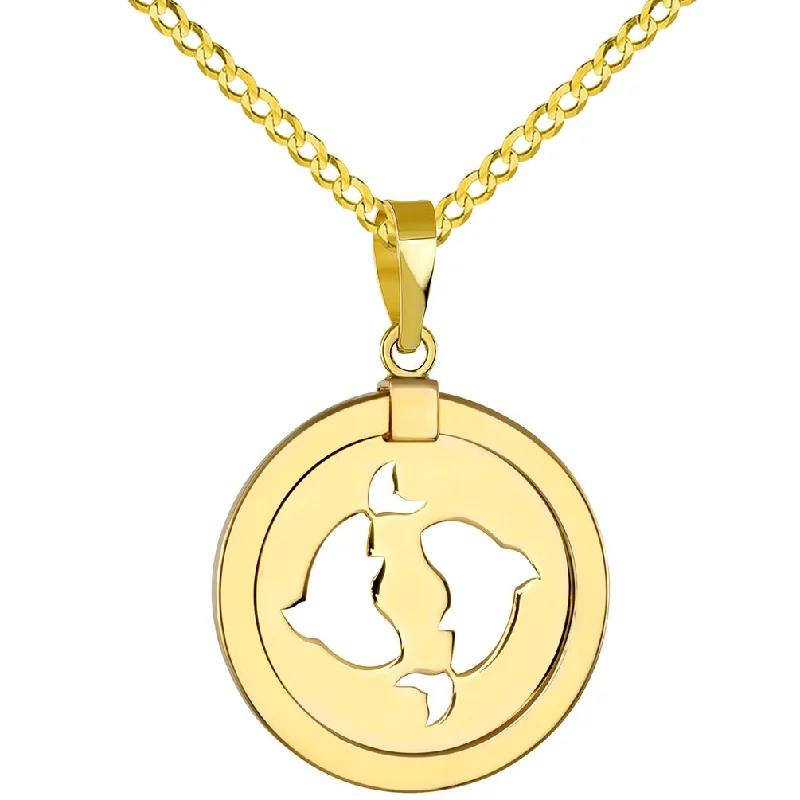 women boho necklaces -14K Yellow Gold Reversible Round Pisces Zodiac Sign Pendant with Cuban Chain Necklace