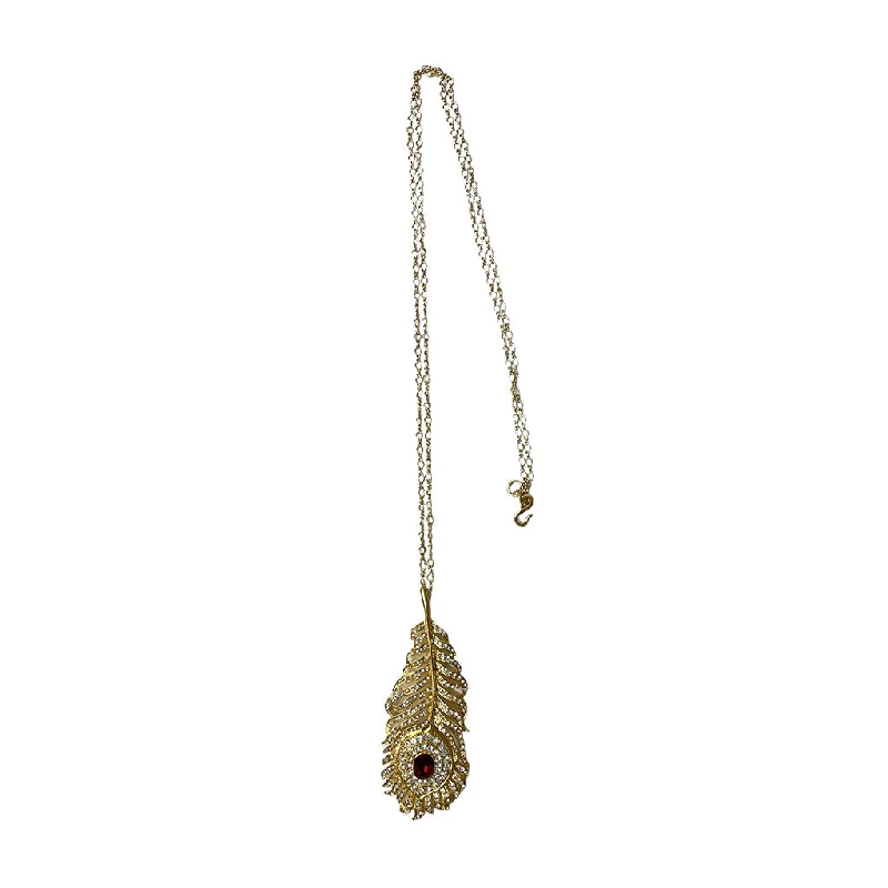 women casual necklaces -Gold Feather Pendant Necklace with Ruby Stone