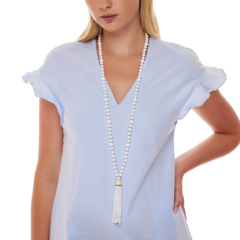 women statement gold necklaces -White Glass Bead Tassel Necklace